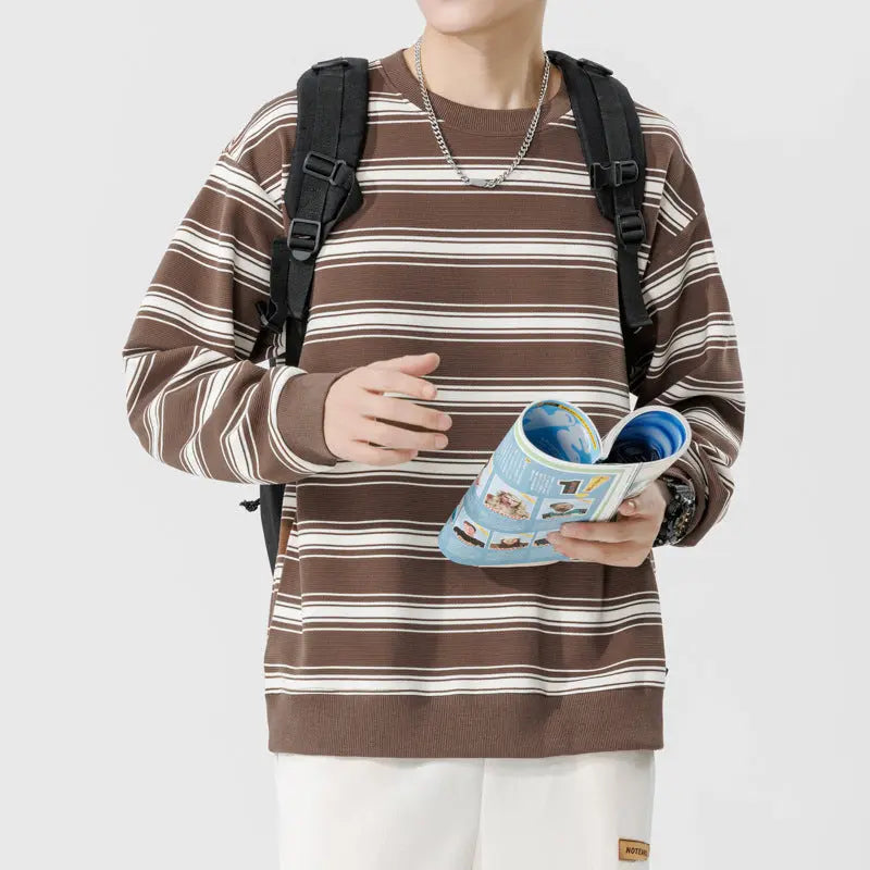 American Casual Striped Sweater For Men Pre2brand Brown-3XL