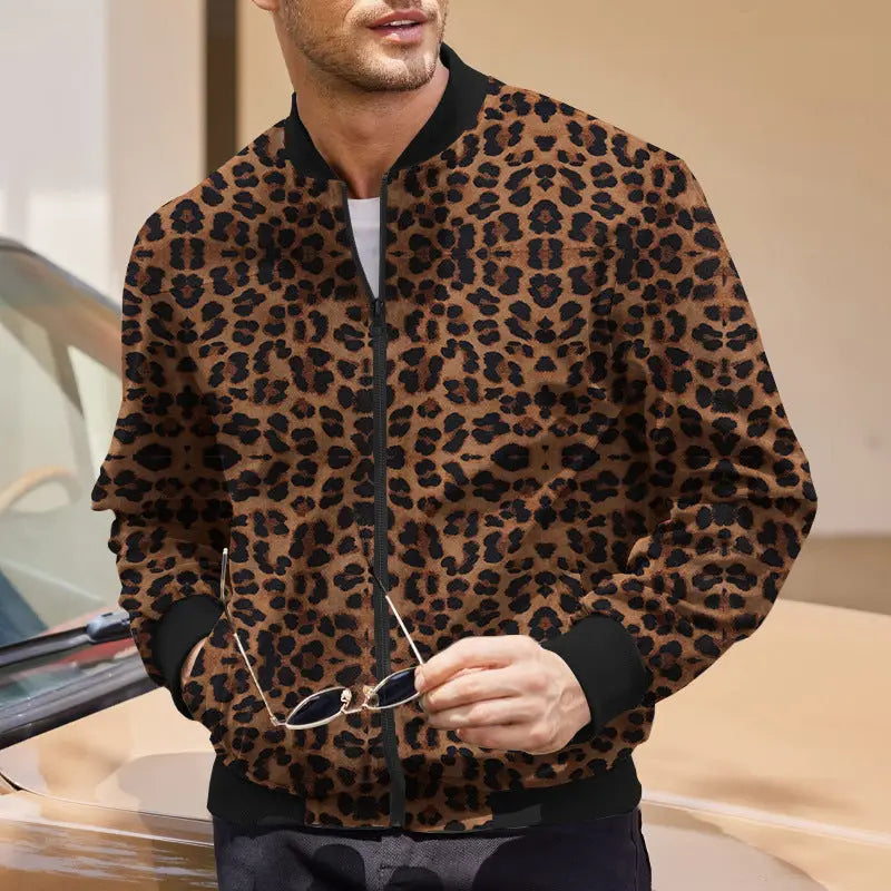 Autumn Vintage Leopard Print Pattern Men's Zipper Jacket Fleece-lined Long Sleeve Coat Pre2brand