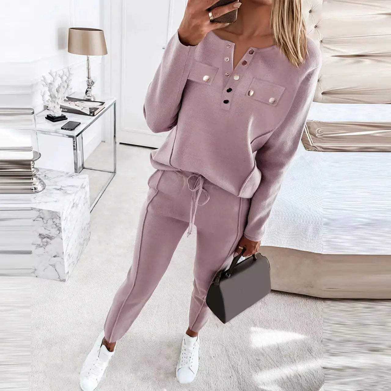 Casual Two-piece Set Women Autumn And Winter New High-neck Long-sleeved Trousers Suit - Pre2brand