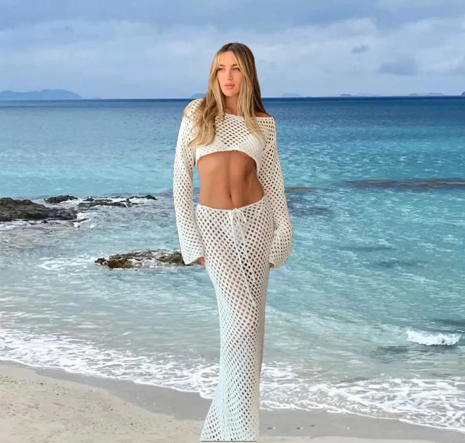 Elegant Midriff Outfit Long-sleeved Sweater High Waist Sheath Skirt Suit Pre2brand Milky-White-XL