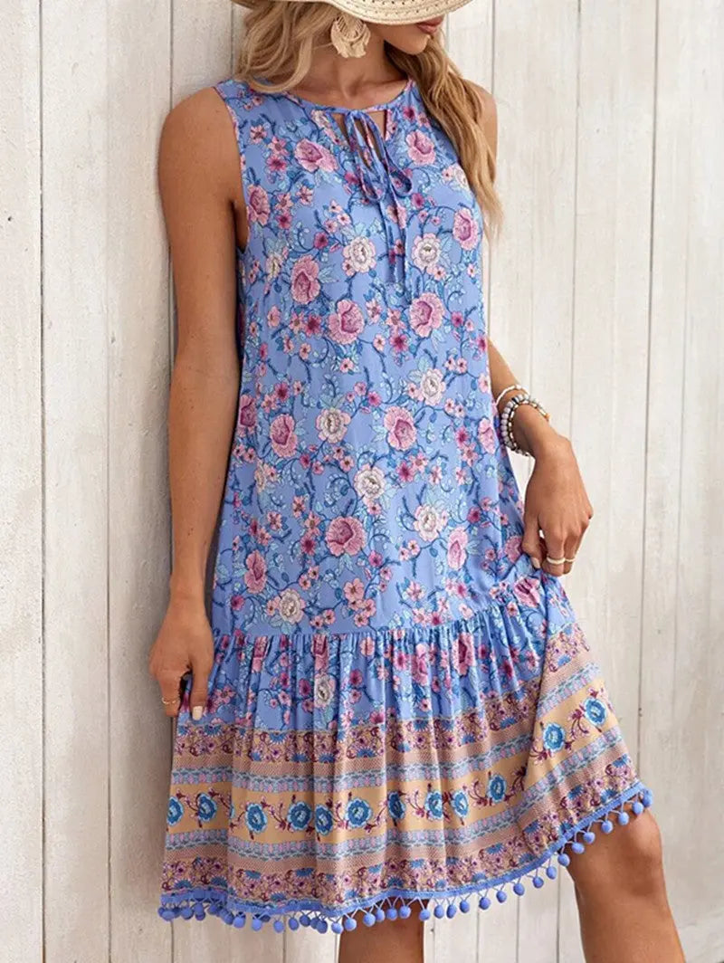 Holiday Spun Rayon Printed V-neck Dress For Women Pre2brand Sky-blue-3XL