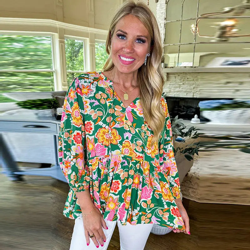 Loose Slim Fit V-neck Spring Floral Print Pullover Top Pre2brand Green-XL