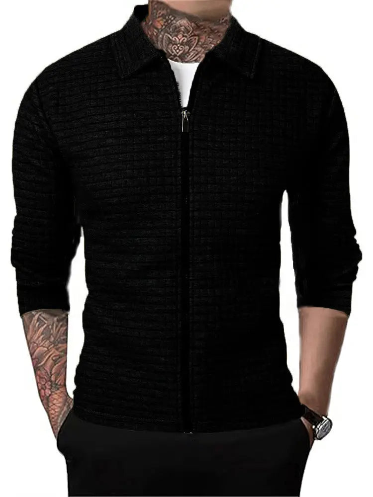 Men's Casual Long-sleeved Lapel Waffle Jacket Cardigan Pre2brand Black-3XL