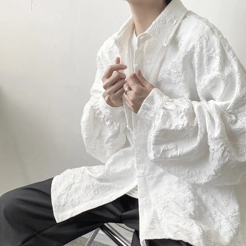 Men's Dark Jacquard Embossed Pleated Long Sleeve Shirt Coat Pre2brand White-2XL