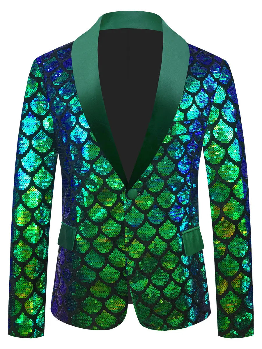 Men's Velvet Colorful Turning Piece Scale Sequined Costume Pre2brand Blue-And-Green-5XL
