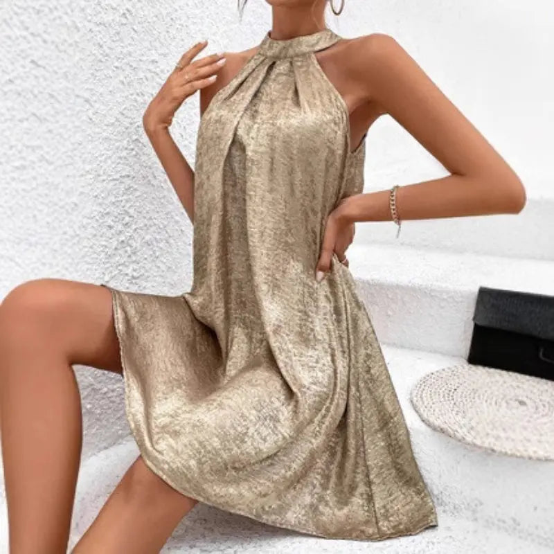 New Women's Fashion Halter Sexy Dress Pre2brand Gold-XXL