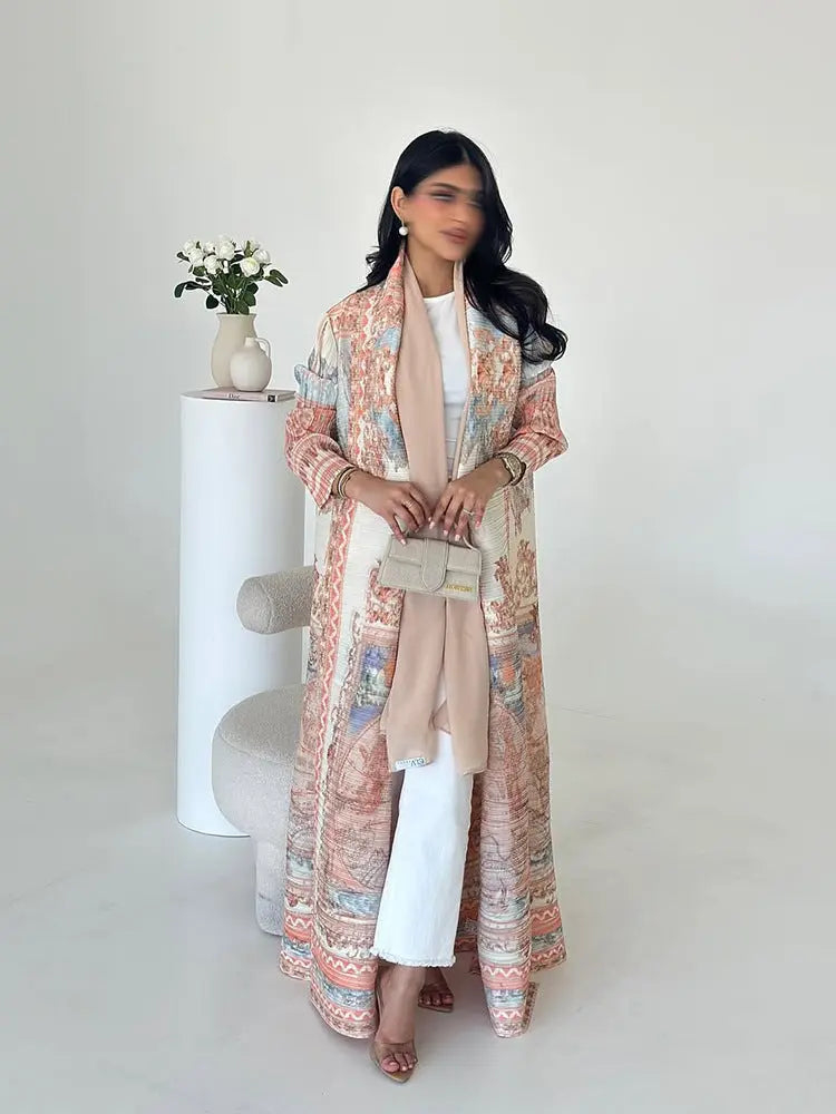 Pleated Print Cardigan Long Coat Arabic Robe Plus Size Pre2brand Pink-Free-Size