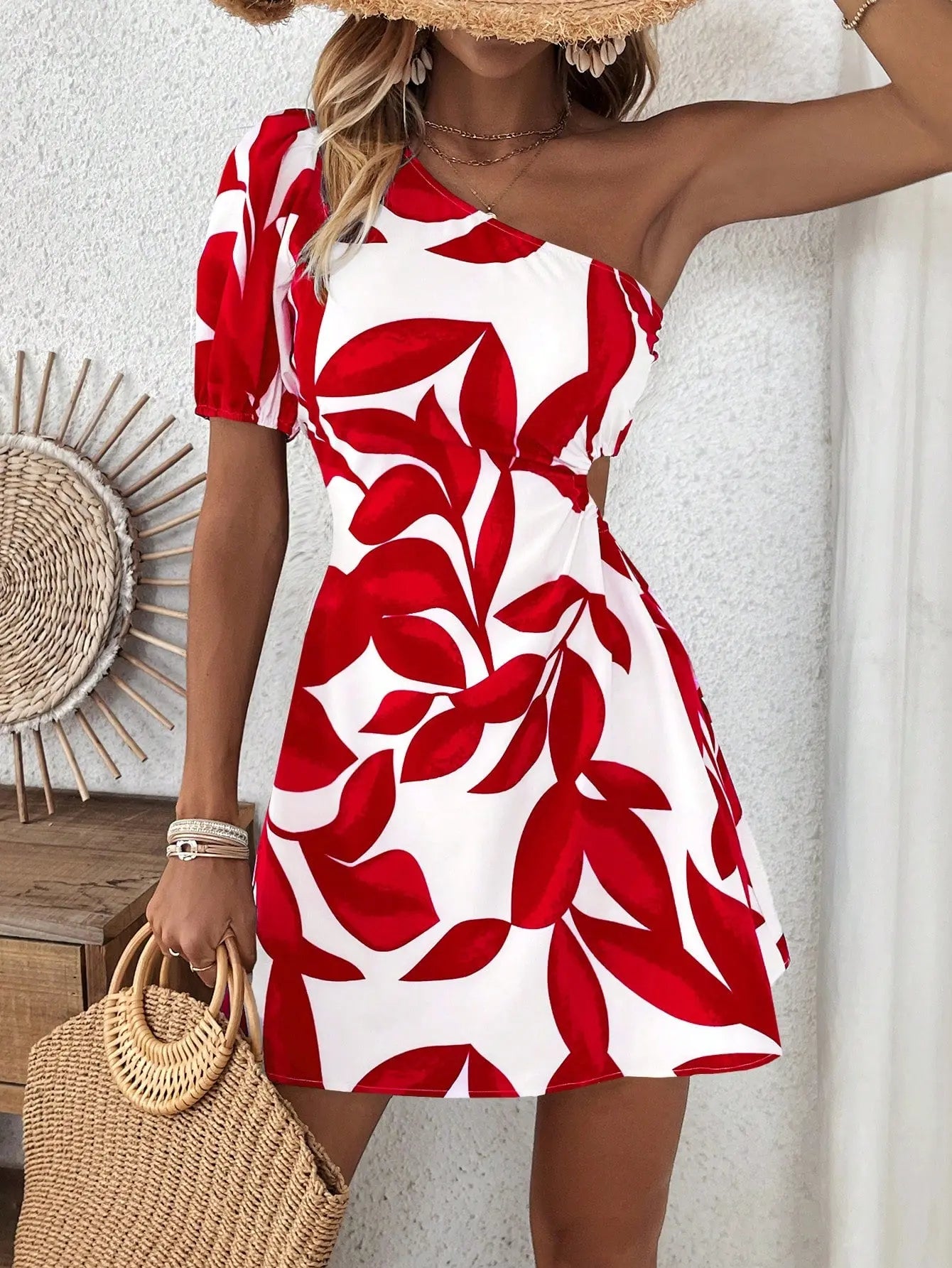Puff Sleeve Dress For Summer Vacation For New Year Clothes Vacation Beach Outfits Women Pre2brand Red-3XL