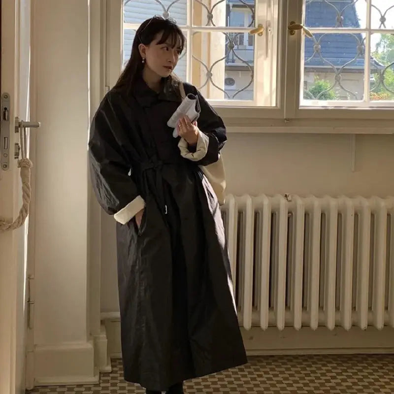Retro Commuter's All-matching Profile Slimming Lace-up Trench Coat Pre2brand Black-Free-Size