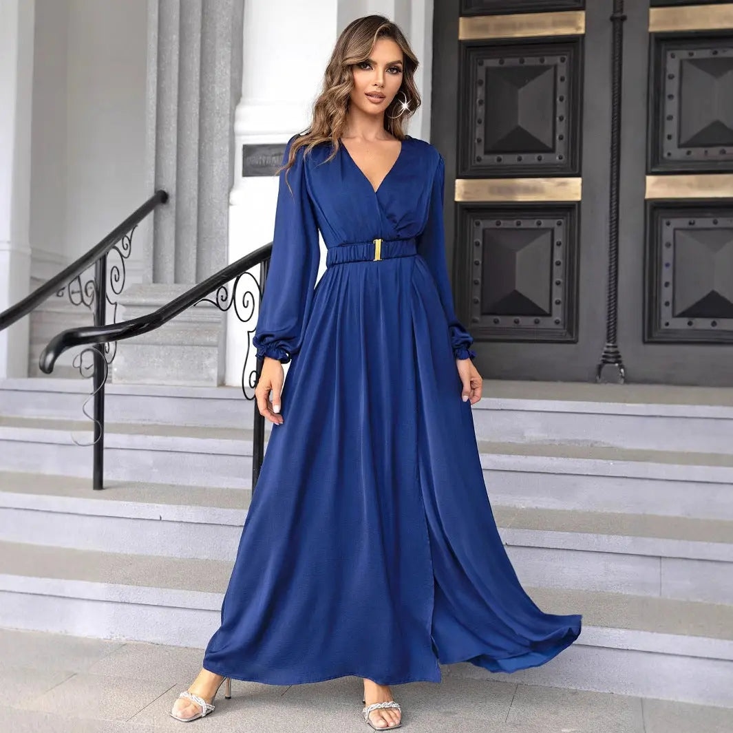 Spring New V-neck Long Chiffon Evening Dress Pre2brand Blue-L