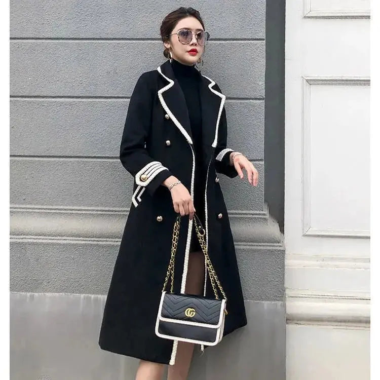 White Woolen Coat Women Mid-length Autumn/Winter Jacket Coat British Hepburn Thicken Slim Black Double-breasted Coat Trench Coat Pre2brand XXL-black