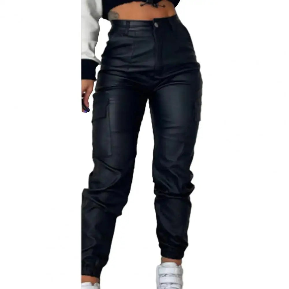 Women Faux Leather Pants Smooth High Elastic Waist Lady Long Trousers Ankle-banded Pockets Zipper Slim Fit Motorcycle Trousers Pre2brand 2XL-black