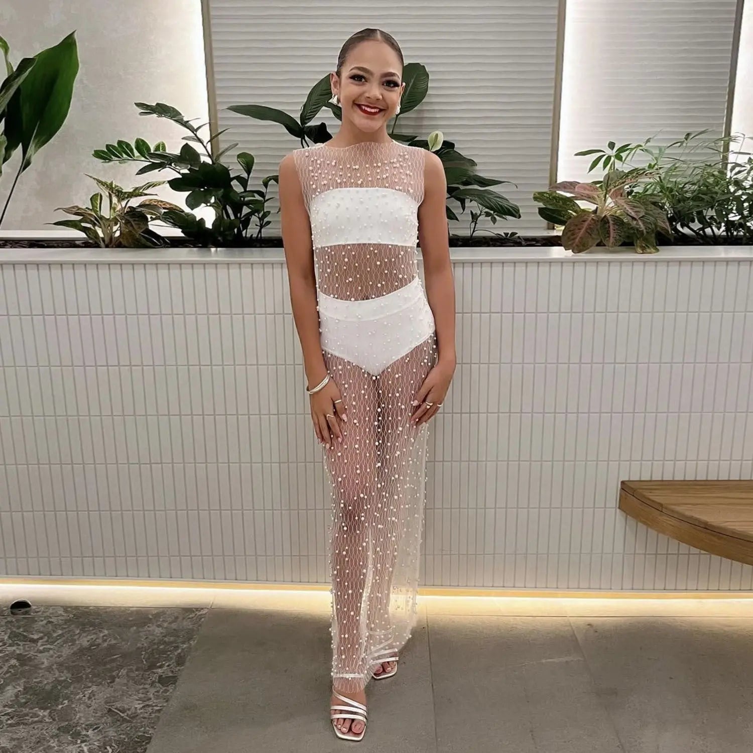 Women's Mesh Bubble Beads Sheer Top Long Dress Pre2brand White-XL