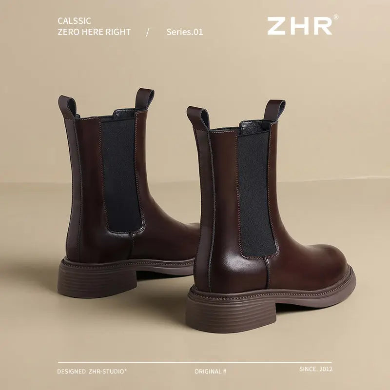 ZHR Chelsea Boots Women's Ankle Boots 2024 New Autumn and Winter Women's Shoes Fleece-Lined British Style Boots Thin Smoke Pipe Boots Pre2brand EUR39-BL325A-Brown-thin-velvet-inside-with-a-heigh