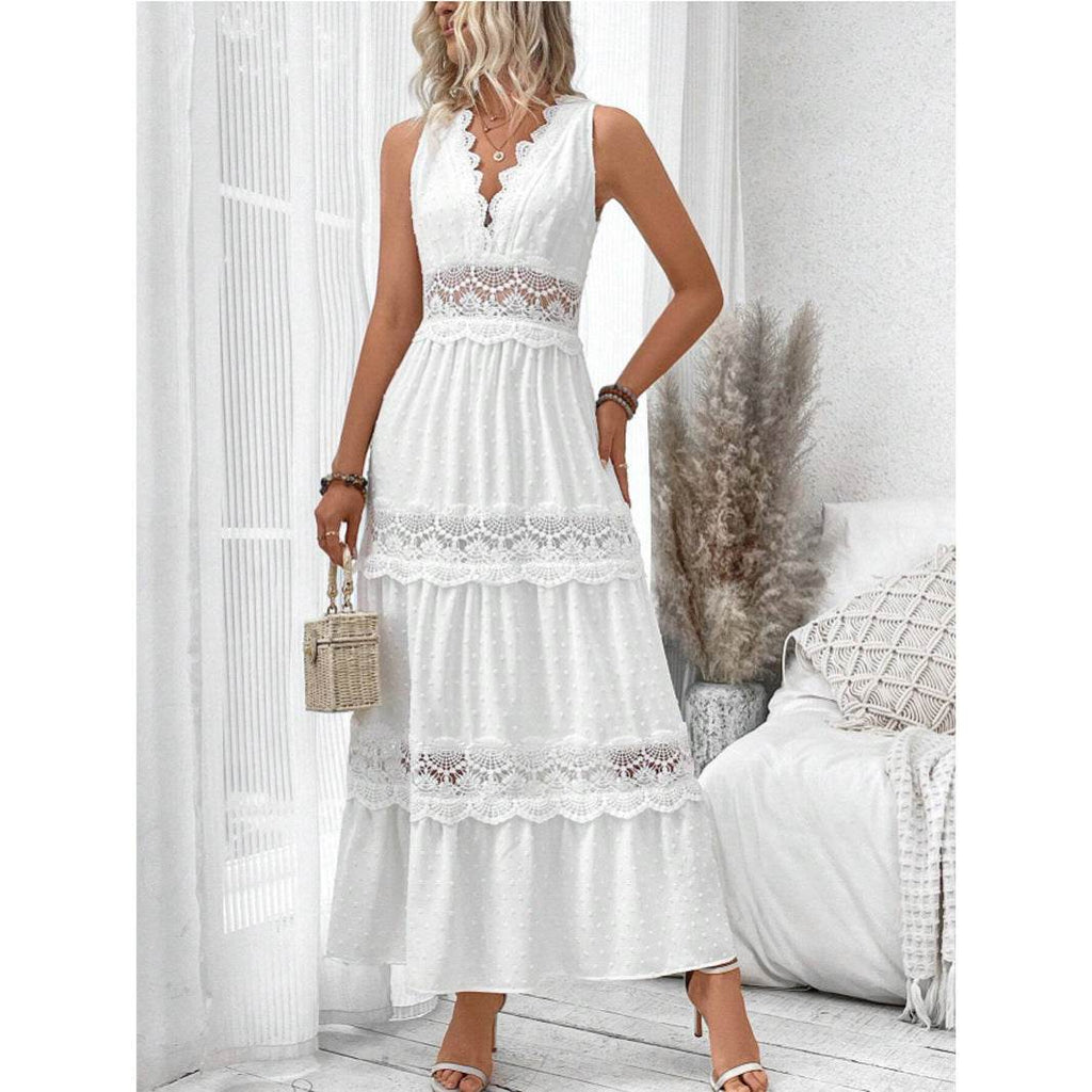 Women's Lace Stitching V-neck Sleeveless Dress - Pre2brand