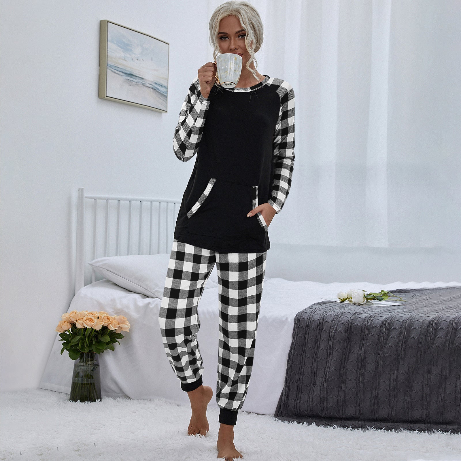 European And American Christmas Festival Women's Fashion Plaid Homewear Casual Loose Outfit