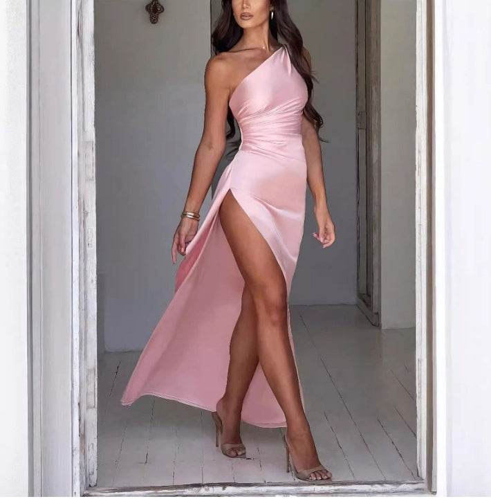 Sexy One-shoulder Backless Slit Dress Summer Elegant Slim-fit Solid Color Satin Dresses For Women - Pre2brand
