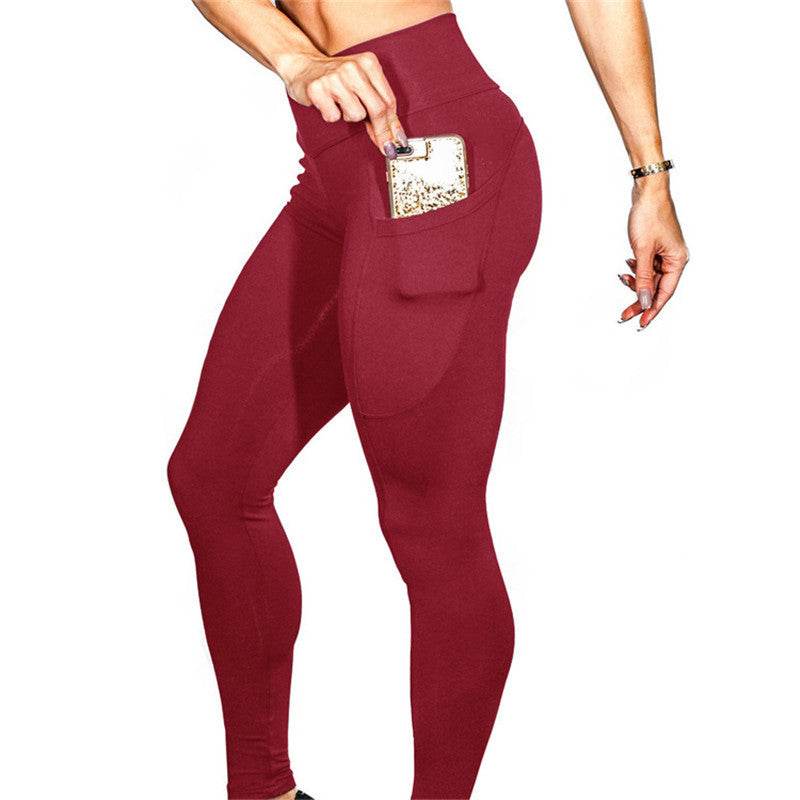 Mobile phone pocket leggings female solid color high elastic yoga hip high waist yoga pants - Pre2brand