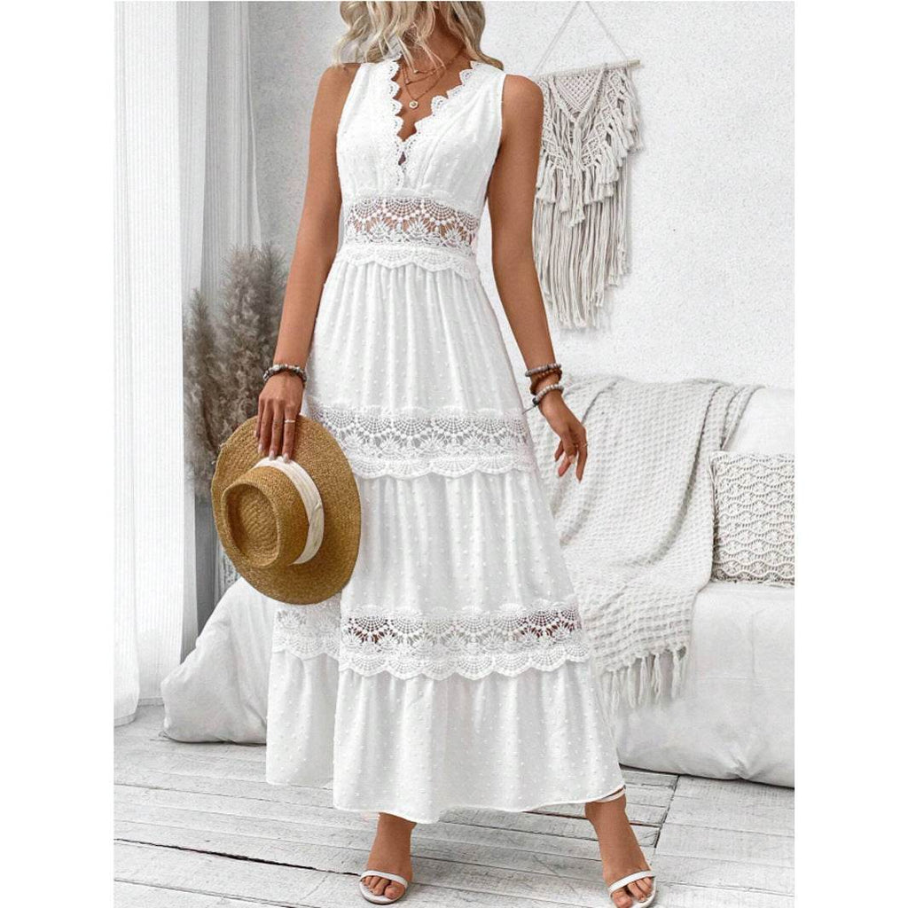 Women's Lace Stitching V-neck Sleeveless Dress - Pre2brand