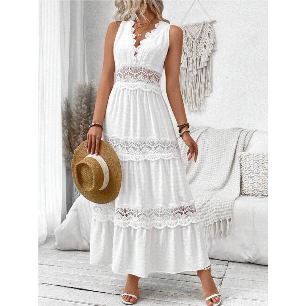 Women's Lace Stitching V-neck Sleeveless Dress - Pre2brand