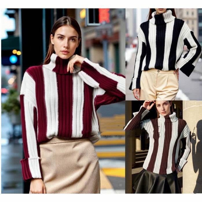 Women's Patchwork Turtleneck Long-sleeved Sweater - Pre2brand