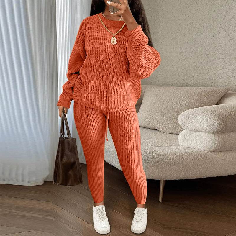 Winter Ribbed Knit Suits Fashion Loose Pullover Sweater Top And Drawstring Pants For Women Trouser Set Clothing - Pre2brand