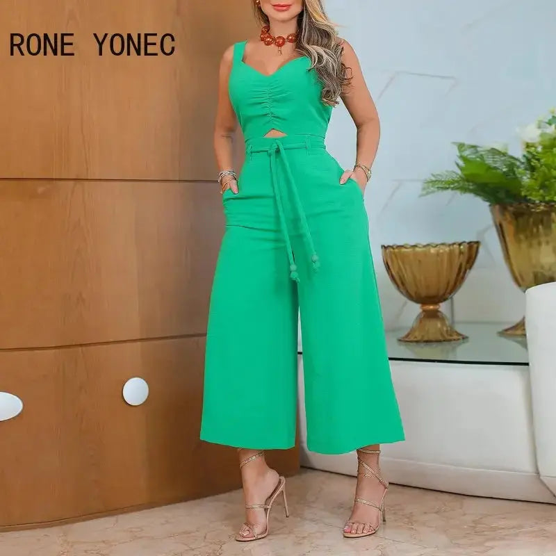 2023 Women Elegant Sexy Solid Thick Straps Sleeveless Hollow Out with Belts Straight Ankle Length Jumpsuit  Pre2brand M-green
