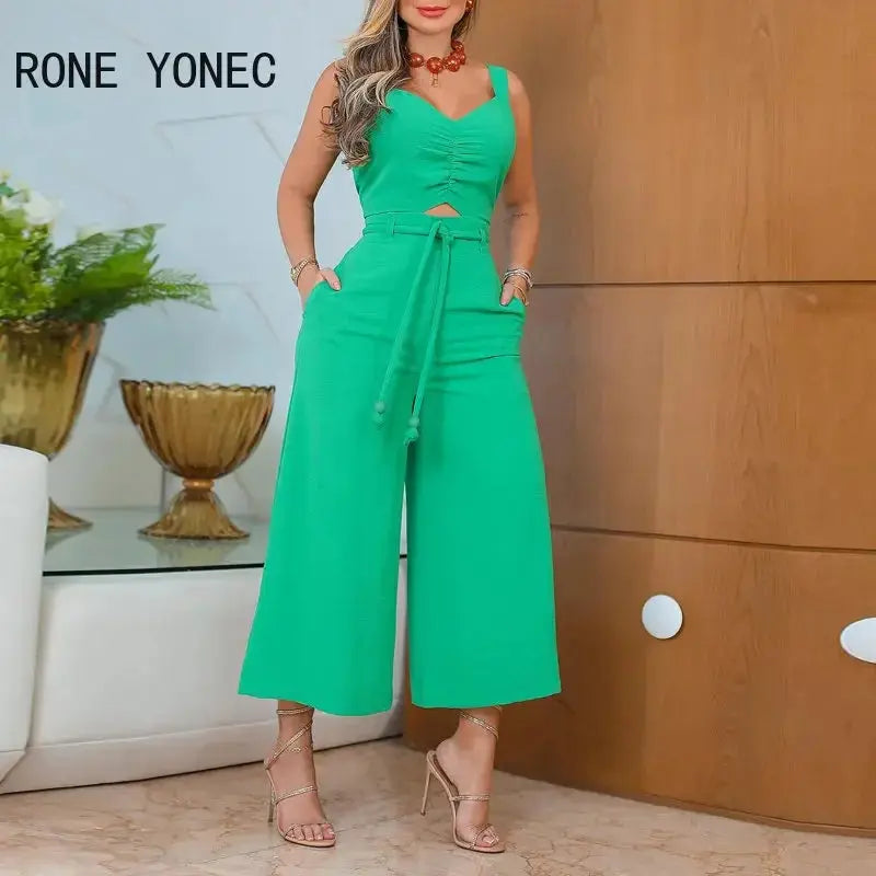 2023 Women Elegant Sexy Solid Thick Straps Sleeveless Hollow Out with Belts Straight Ankle Length Jumpsuit  Pre2brand