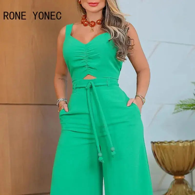 2023 Women Elegant Sexy Solid Thick Straps Sleeveless Hollow Out with Belts Straight Ankle Length Jumpsuit  Pre2brand