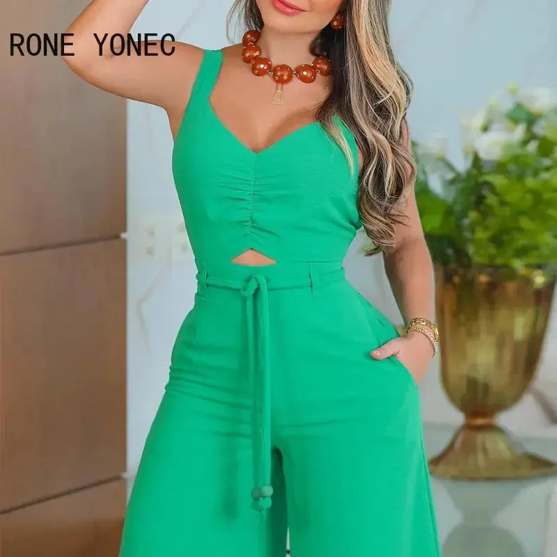 2023 Women Elegant Sexy Solid Thick Straps Sleeveless Hollow Out with Belts Straight Ankle Length Jumpsuit  Pre2brand