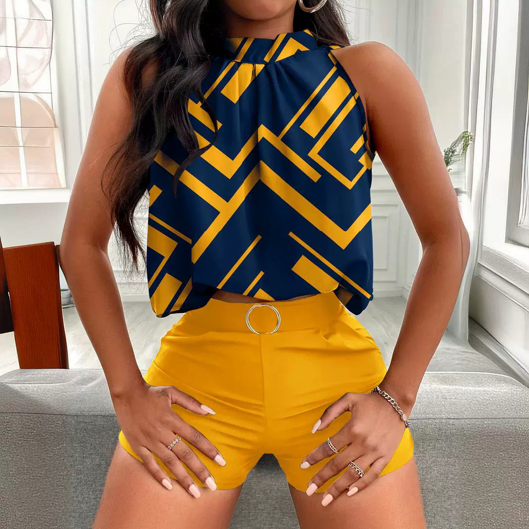 Amazon New Hot Selling Printed Sleeveless Top Pants Suit