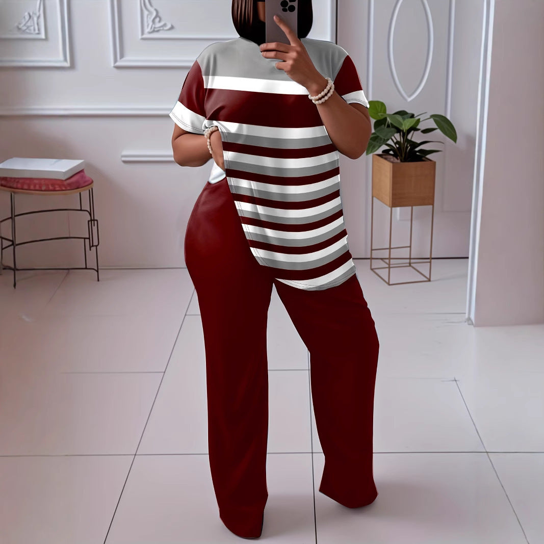Contrast Color Striped Short Sleeve With Wine Red Wide Leg Pants Fashion Suit