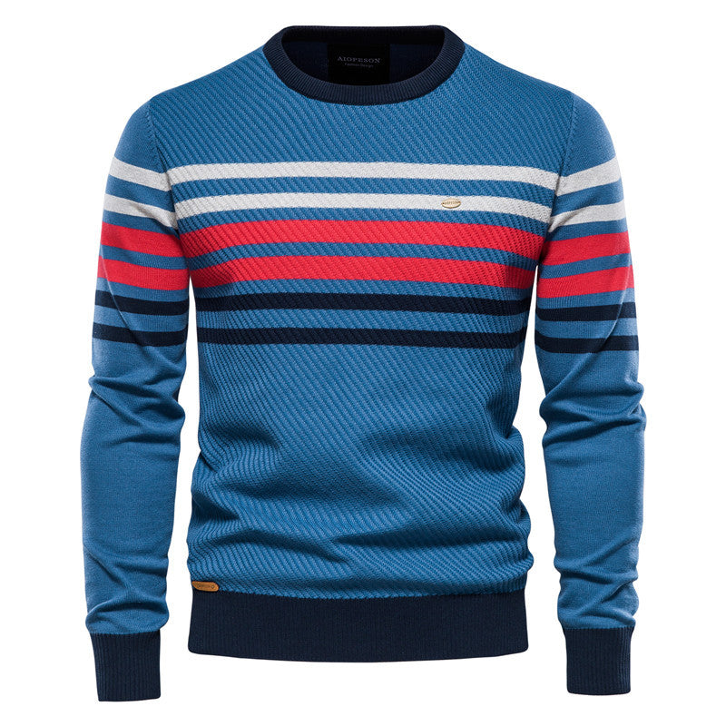 Striped Contrast Color Men's Casual Sweater US Size Personality Trend Knitting Bottoming Shirt