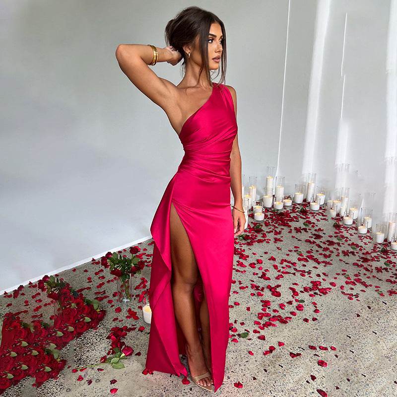 Sexy One-shoulder Backless Slit Dress Summer Elegant Slim-fit Solid Color Satin Dresses For Women - Pre2brand