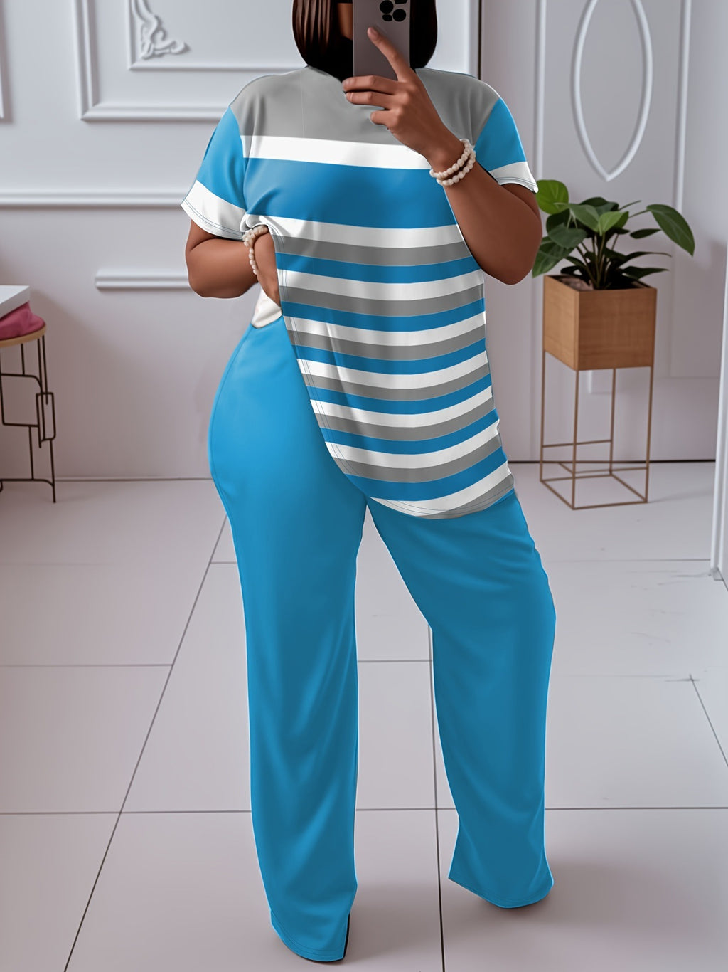 Contrast Color Striped Short Sleeve With Wine Red Wide Leg Pants Fashion Suit