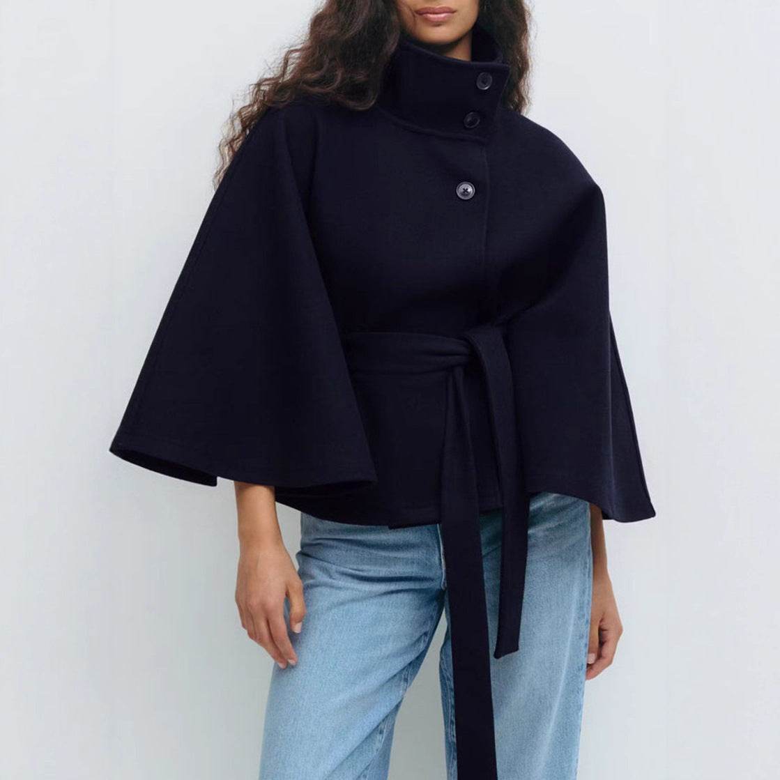 Winter High Neck Batwing Sleeve Coat With Belt Fashion Loose Elegant Button Top Trench Coat For Women Clothing - Pre2brand