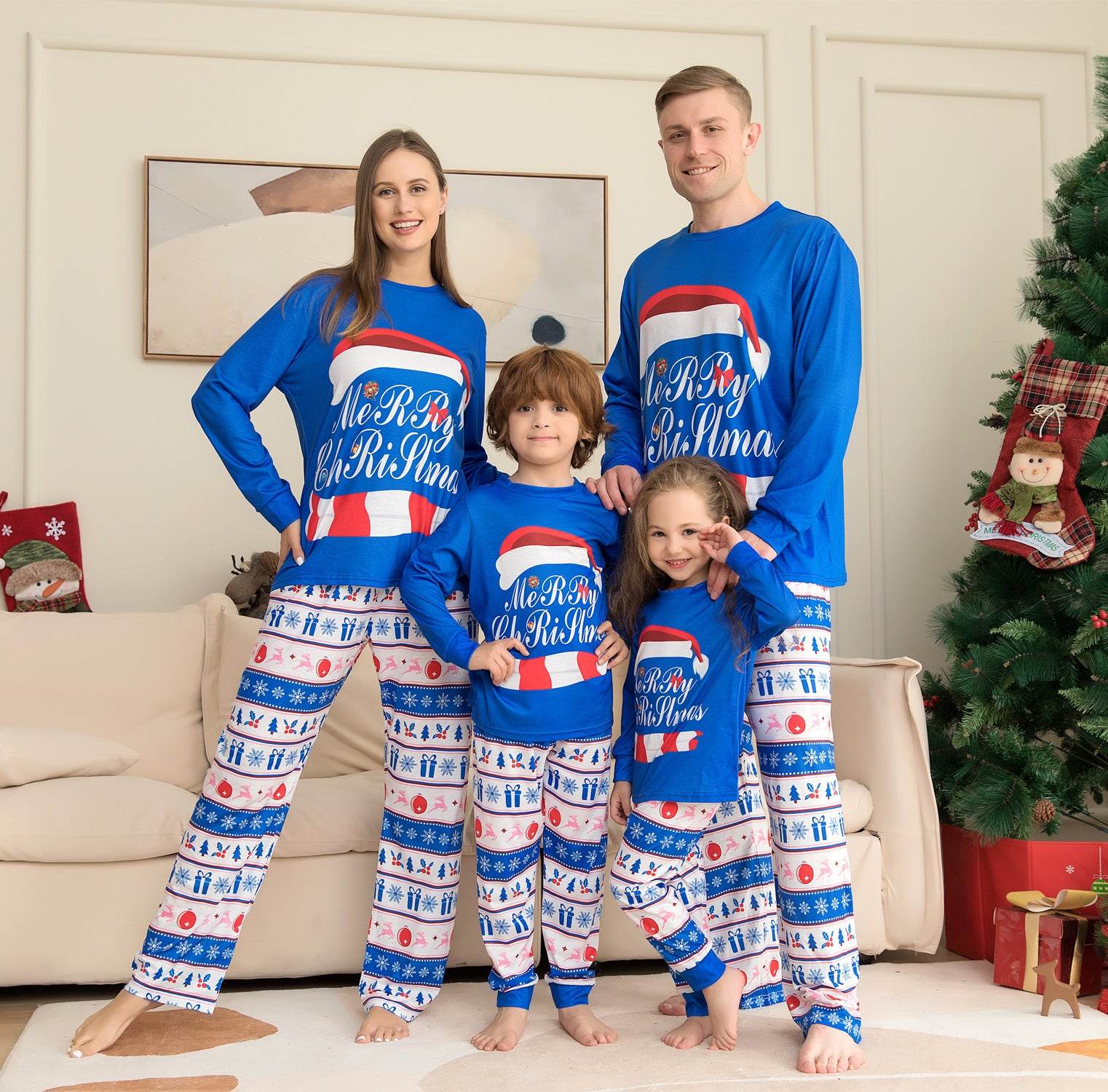Matching Family Pajamas Sets Christmas PJ's Letter Print Top And Plaid Pants Jammies Sleepwear - Pre2brand