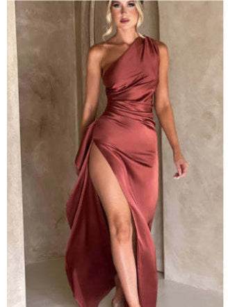 Sexy One-shoulder Backless Slit Dress Summer Elegant Slim-fit Solid Color Satin Dresses For Women - Pre2brand