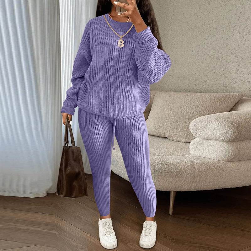 Winter Ribbed Knit Suits Fashion Loose Pullover Sweater Top And Drawstring Pants For Women Trouser Set Clothing - Pre2brand