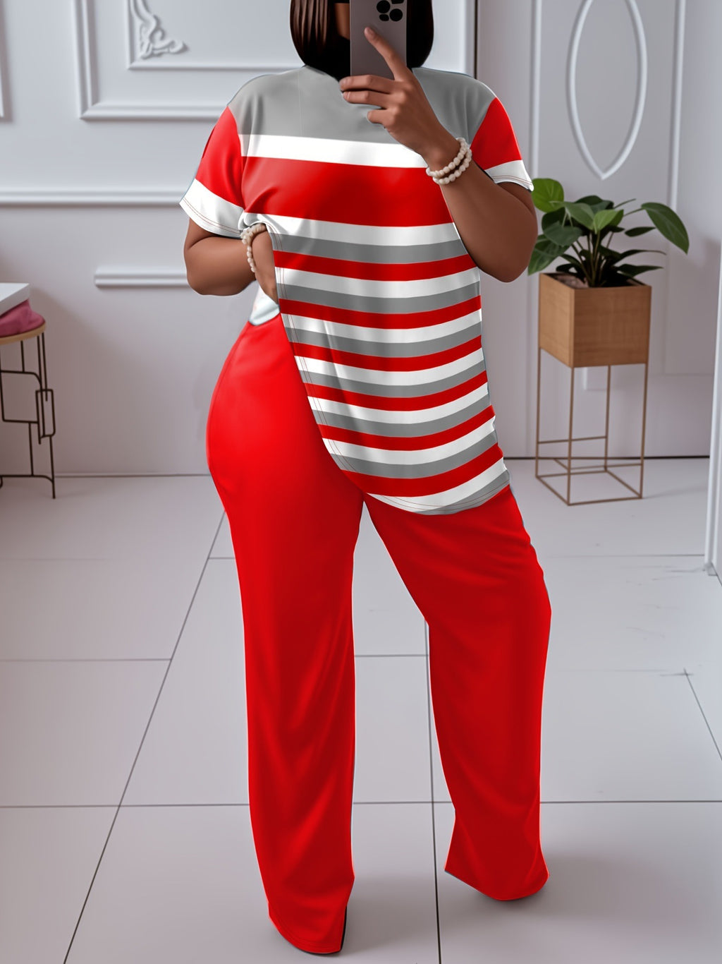 Contrast Color Striped Short Sleeve With Wine Red Wide Leg Pants Fashion Suit