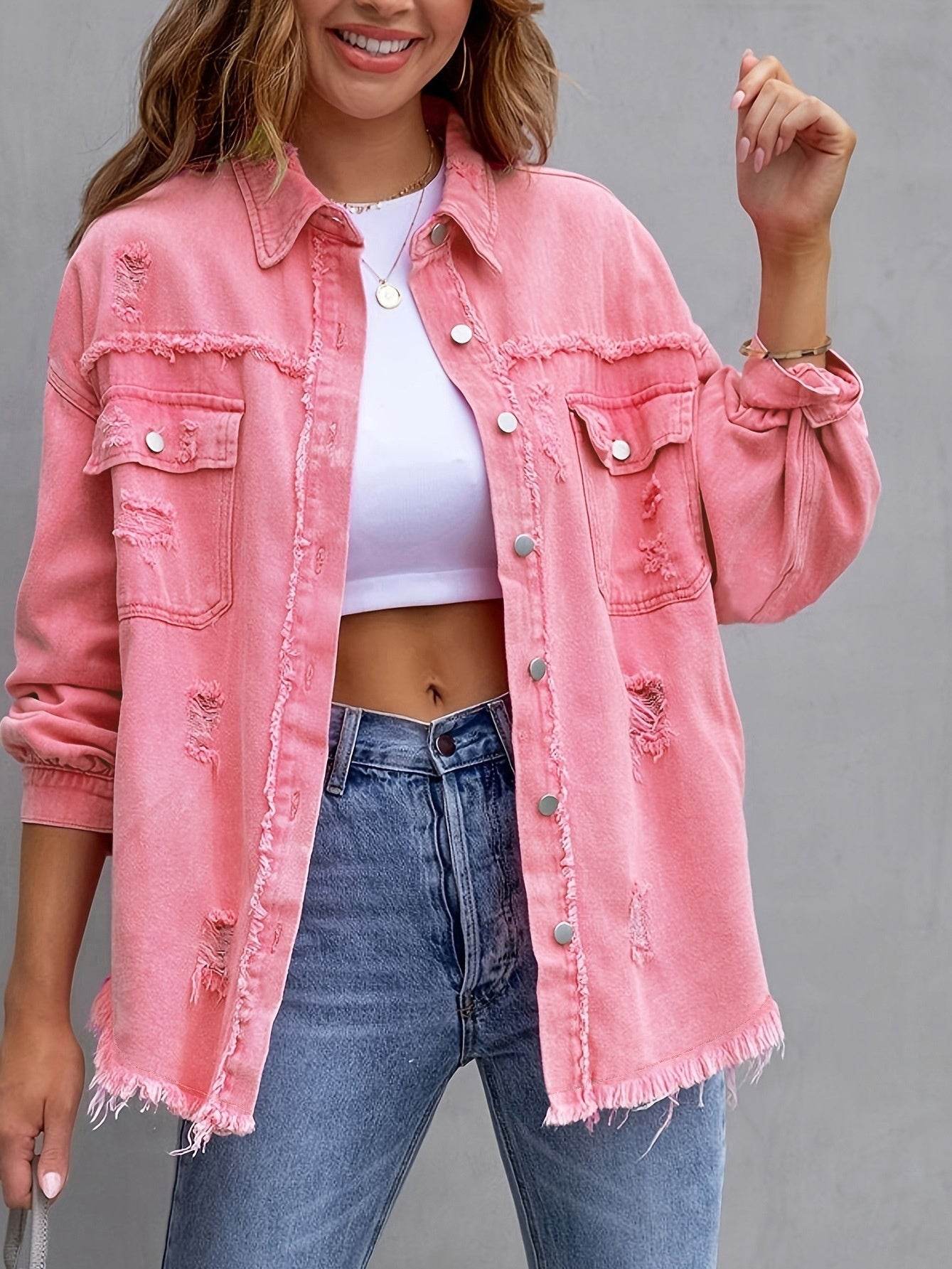 Fashion Ripped Shirt Jacket Female Autumn And Spring Casual Tops Womens Clothing - Pre2brand