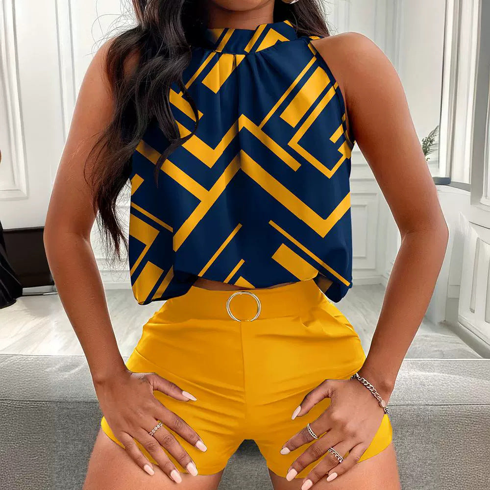 Amazon New Hot Selling Printed Sleeveless Top Pants Suit