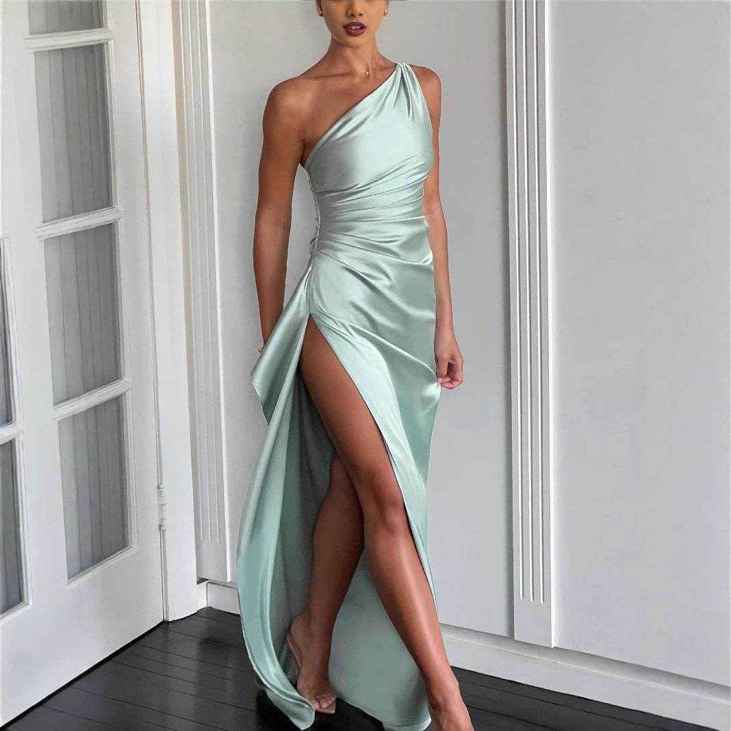 Graceful And Fashionable Slant Shoulder Split Satin Dress - Pre2brand