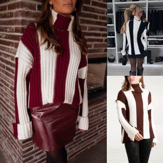 Women's Patchwork Turtleneck Long-sleeved Sweater - Pre2brand