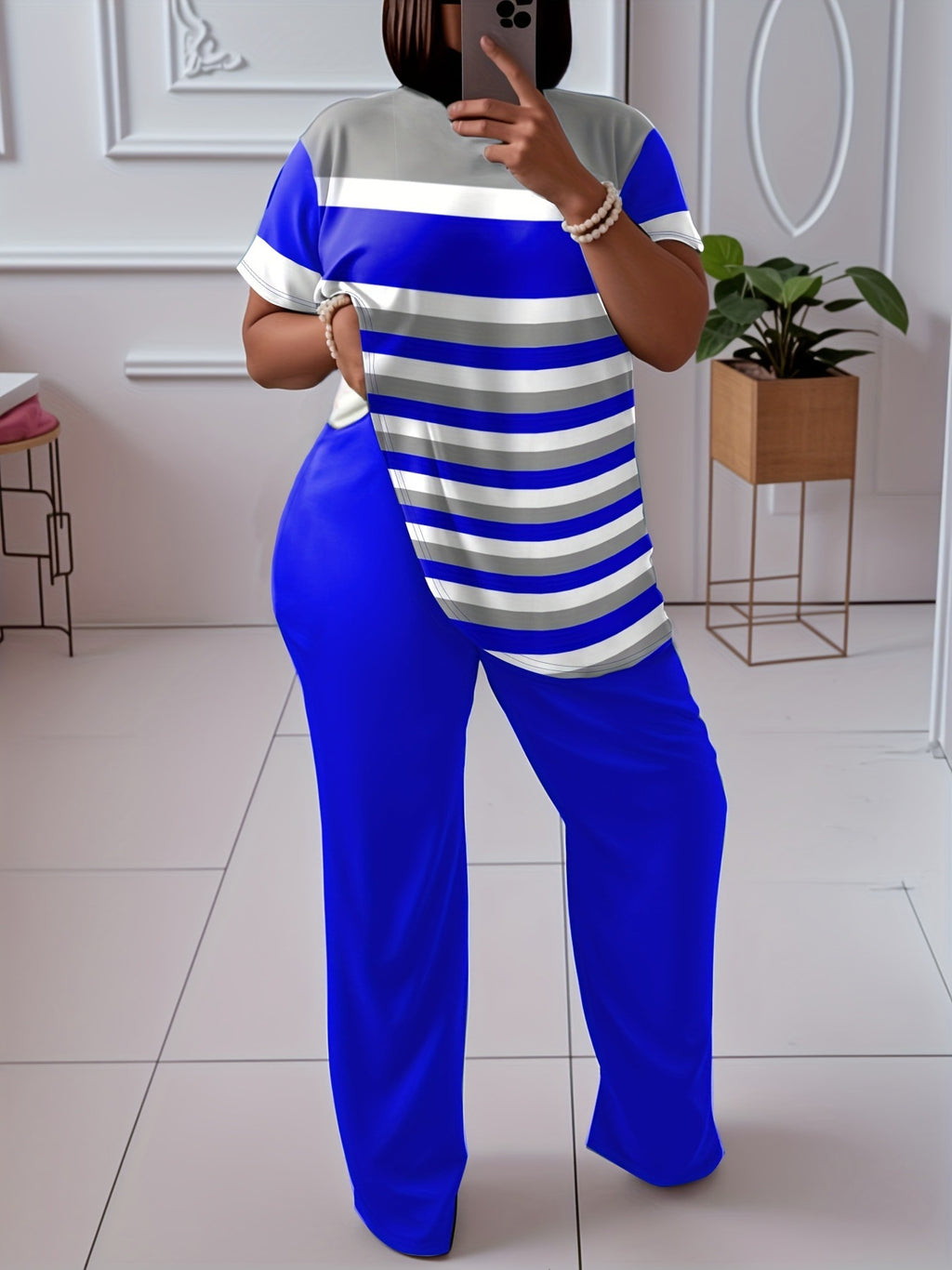 Contrast Color Striped Short Sleeve With Wine Red Wide Leg Pants Fashion Suit