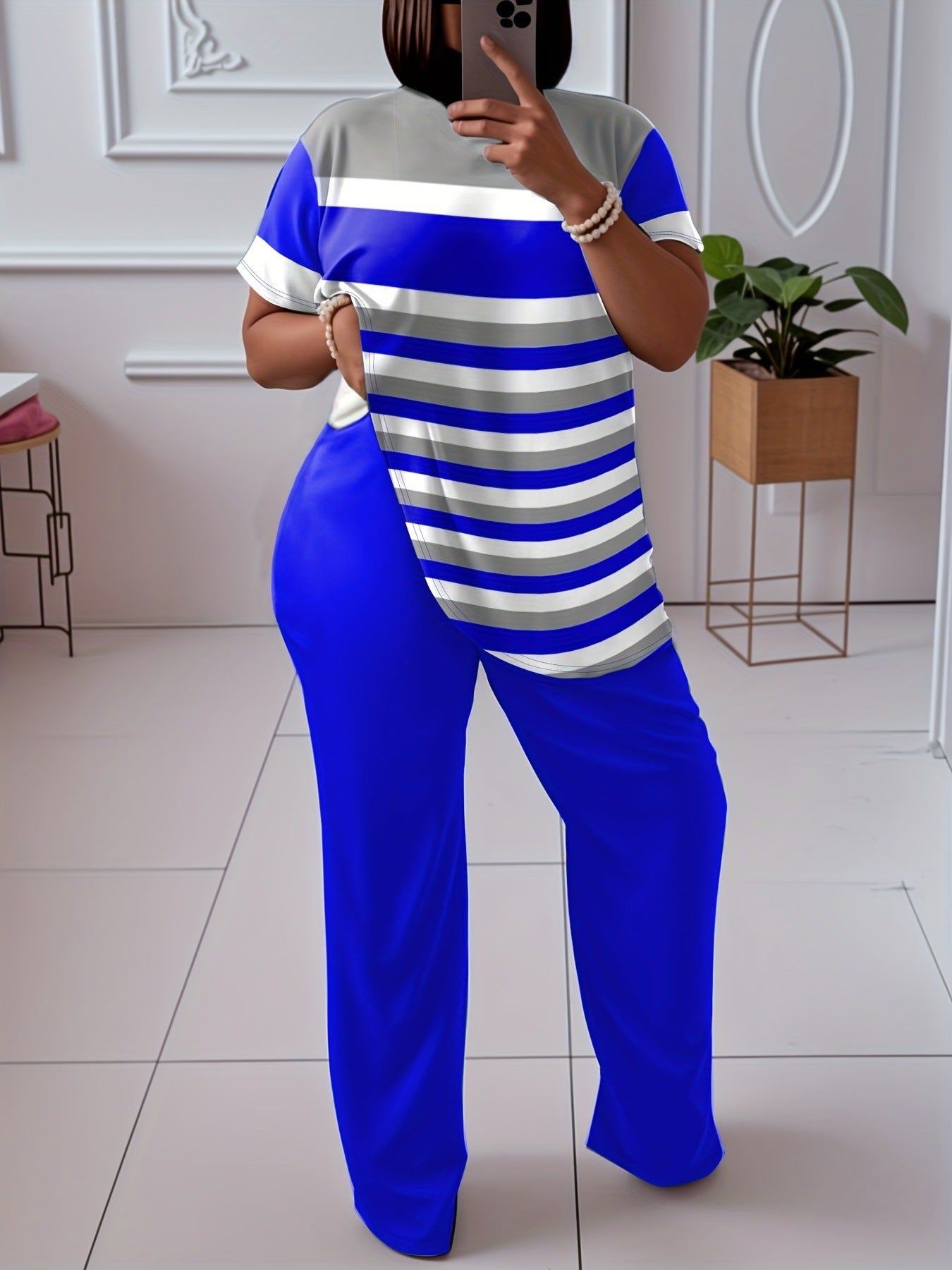 Contrast Color Striped Short Sleeve With Wine Red Wide Leg Pants Fashion Suit
