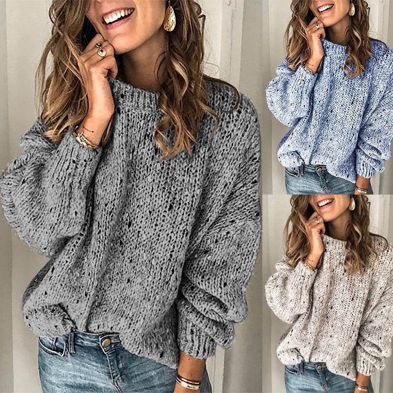 Winter Polka Dot Pullover Knitted Sweater Fashion Solid Color Loose Long Sleeve Top Women's Clothing - Pre2brand