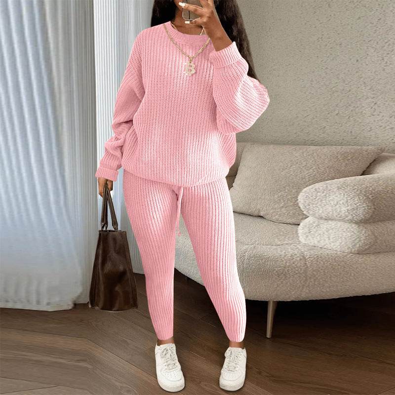 Winter Ribbed Knit Suits Fashion Loose Pullover Sweater Top And Drawstring Pants For Women Trouser Set Clothing - Pre2brand