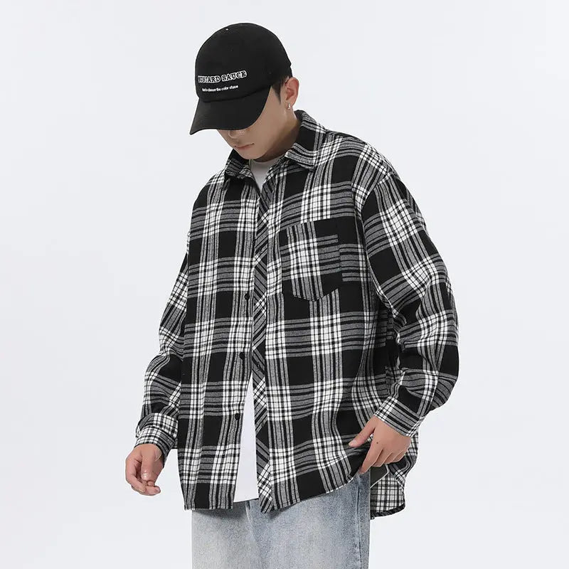 American Retro Plaid For Men Spring And Autumn Loose Casual Bottoming Shirt Coat  Pre2brand Black-White-Grid-5XL