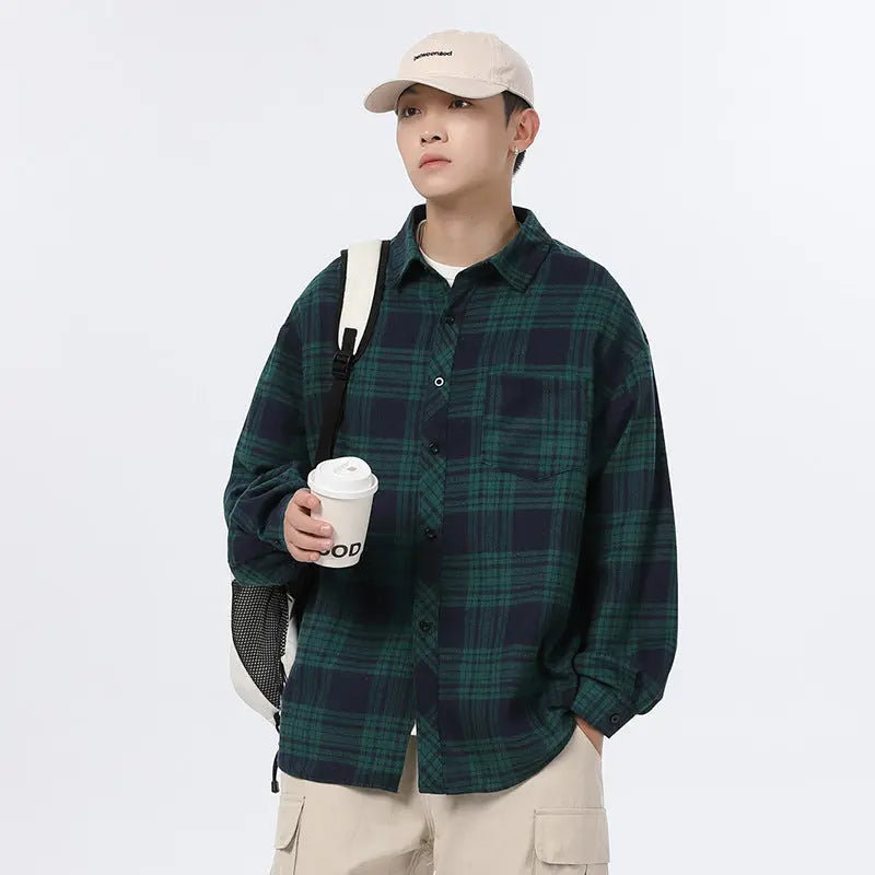 American Retro Plaid For Men Spring And Autumn Loose Casual Bottoming Shirt Coat  Pre2brand Green-Grid-5XL